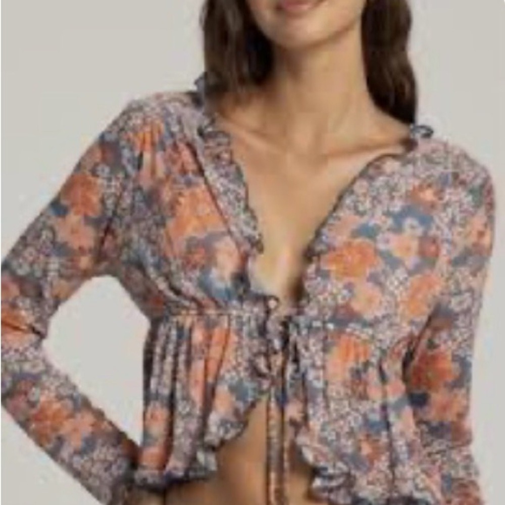 Full Tilt Mesh Tie Front Floral Blue Orange Top Women's Size XS